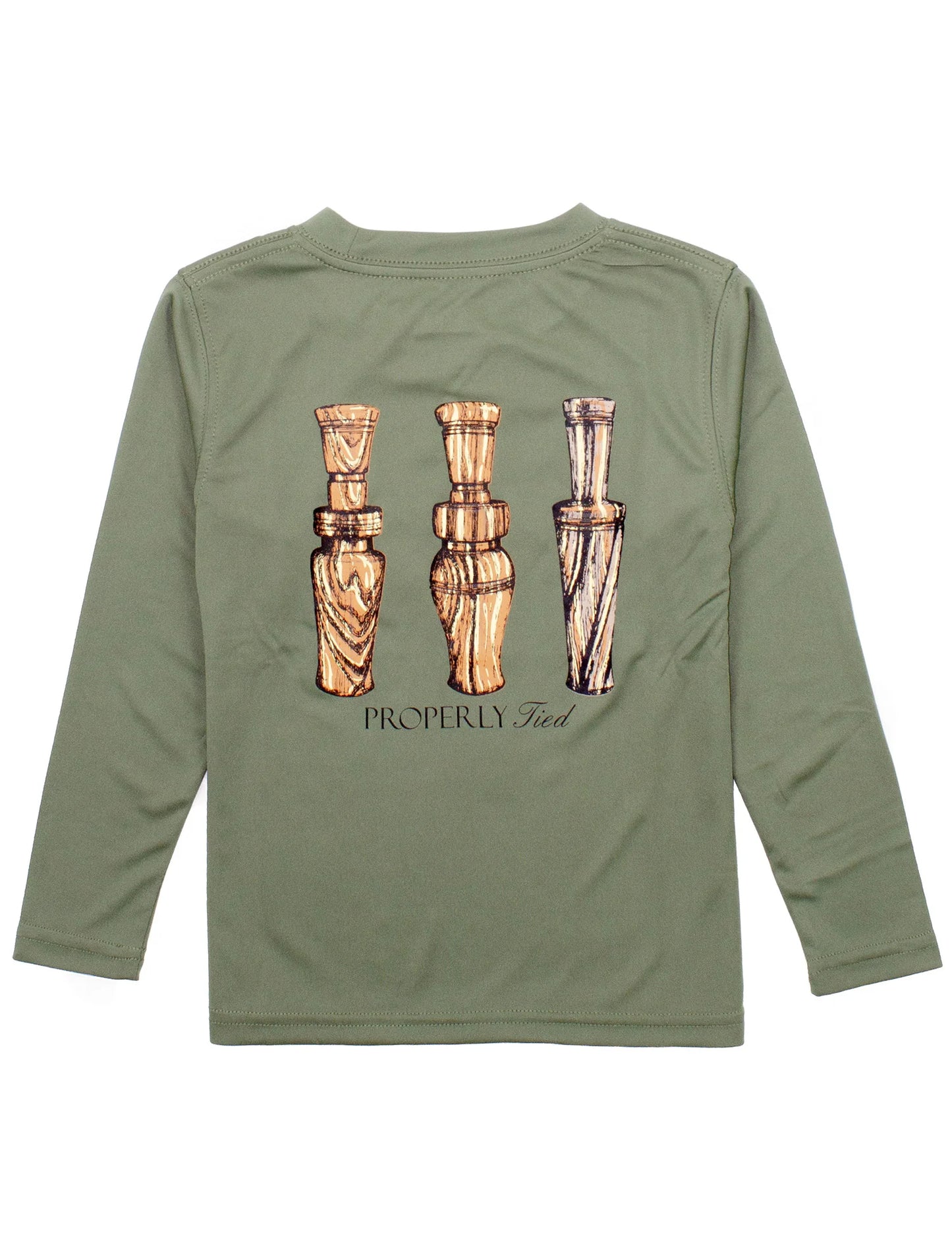 Properly Tied Boys Performance Tee LS Duck Calls -Olive