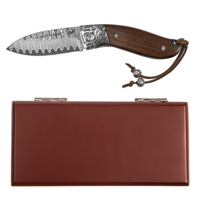 Sarge Fox - Damascus Rosewood Folder with Presentation Box