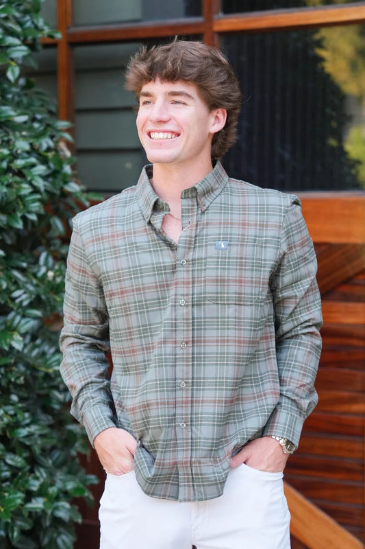 Local Boy Cain Stretch Flannel - Moss Gray/Dark Olive/Dark Rust
