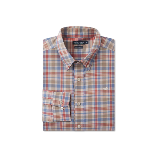 Southern Marsh Franklin Plaid Performance Dress Shirt Washed Slate/Burnt Orange Plaid