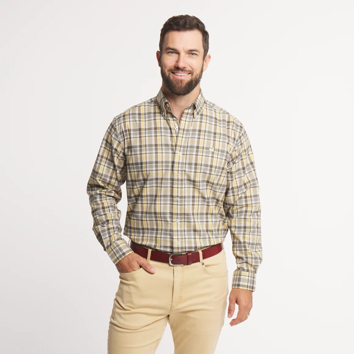 Southern Marsh Franklin Plaid Performance Dress Shirt Stone Brown/Field Khaki