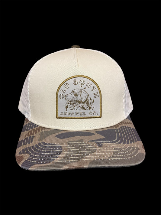 Old South Hunting Dog Trucker Hat - Creme/Thicket Camo