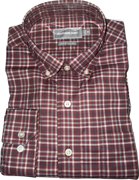 Southern Shirt Co. Samford Check LS Button Up- Red Mahogany