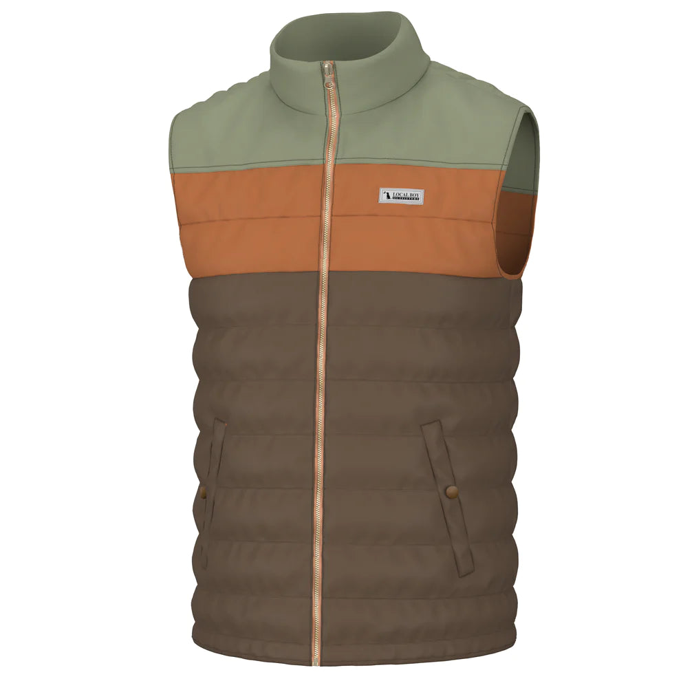 Local Boy Tri-Color Puffer Vest- Olive/Rust/Brown