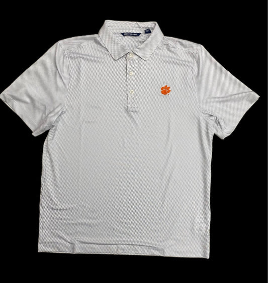 Cutter & Buck Pike Eco Symmetry Print Stretch Recycled Clemson Polo -White/Polished Grey