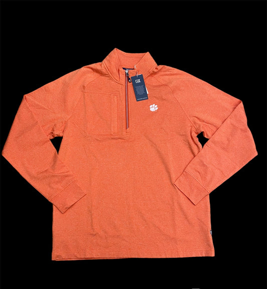 Cutter & Buck Adapt Eco Knit Heather Clemson Quarter Zip Pullover - College Orange Heather