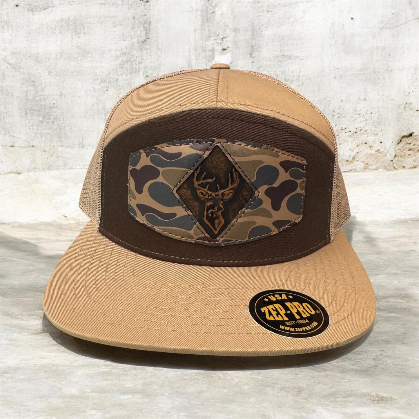 Zep-Pro 7 Panel Brown/Khaki Hat- Camo Buck Cutout