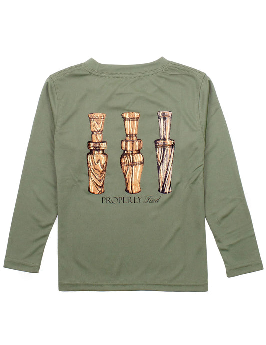 Properly Tied Boys Performance Tee LS Duck Calls -Olive