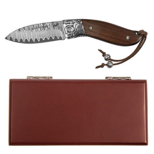 Sarge Fox - Damascus Rosewood Folder with Presentation Box