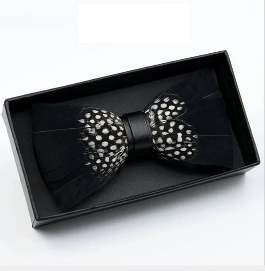 TYED Handmade Adjustable Neckband Feather Bow Tie- Black and White Polka Dot