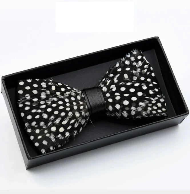 TYED Handmade Feather Bow Tie- Natural Bird Polka Dot Exquisite