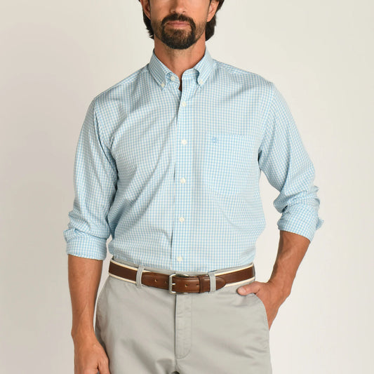 Duck Head Walton Performance Gingham Button Down Sky Blue